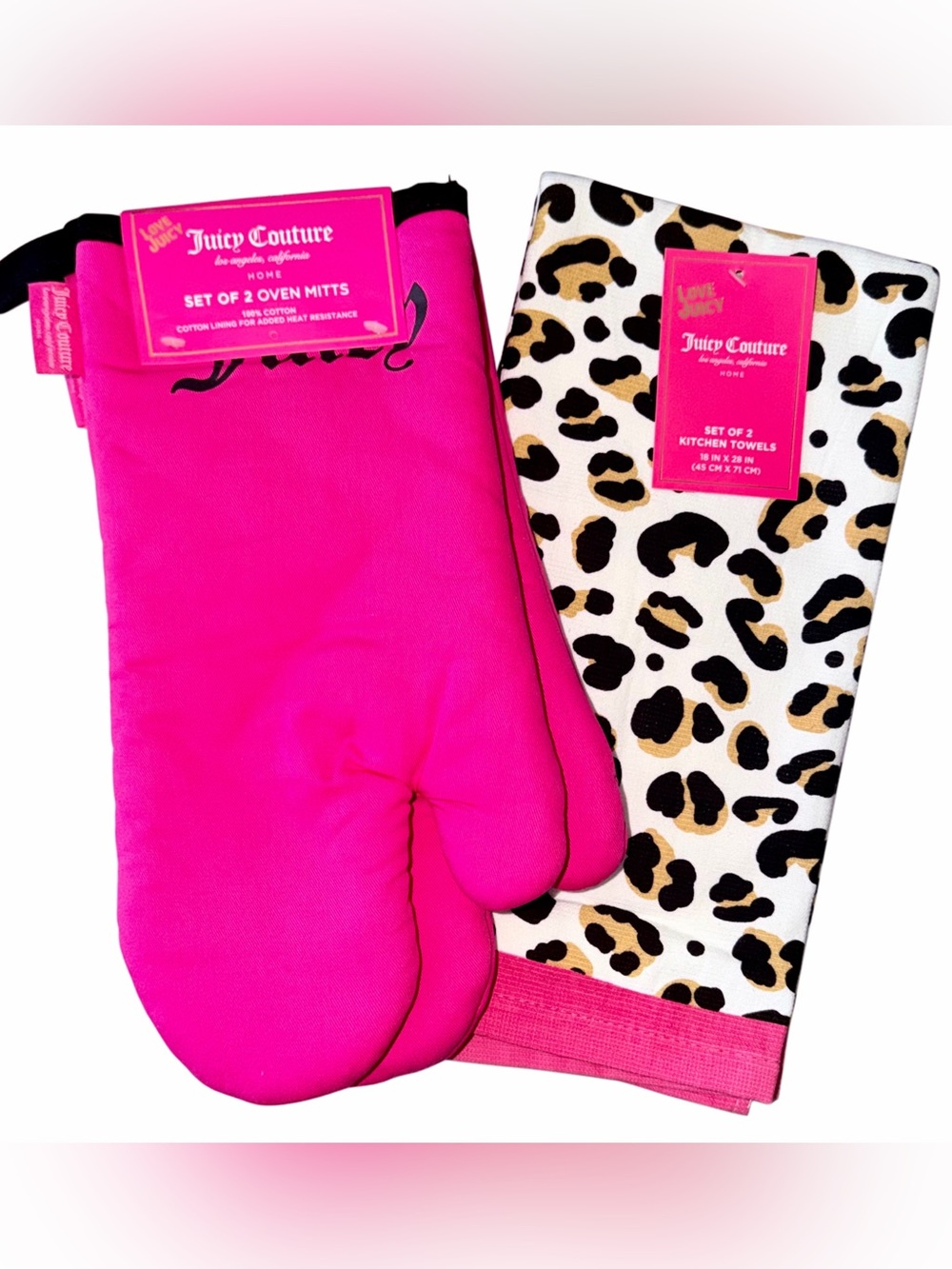 Juicy Couture Home Set of 2 Leopard Print Kitchen Towels & 2 Pink Oven Mitts